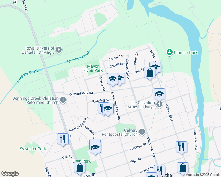 map of restaurants, bars, coffee shops, grocery stores, and more near 112 Orchard Park Road in Kawartha Lakes