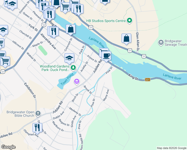 map of restaurants, bars, coffee shops, grocery stores, and more near 69 Jubilee Road in Bridgewater