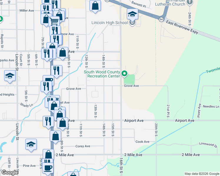 map of restaurants, bars, coffee shops, grocery stores, and more near 2911 15th Street South in Wisconsin Rapids