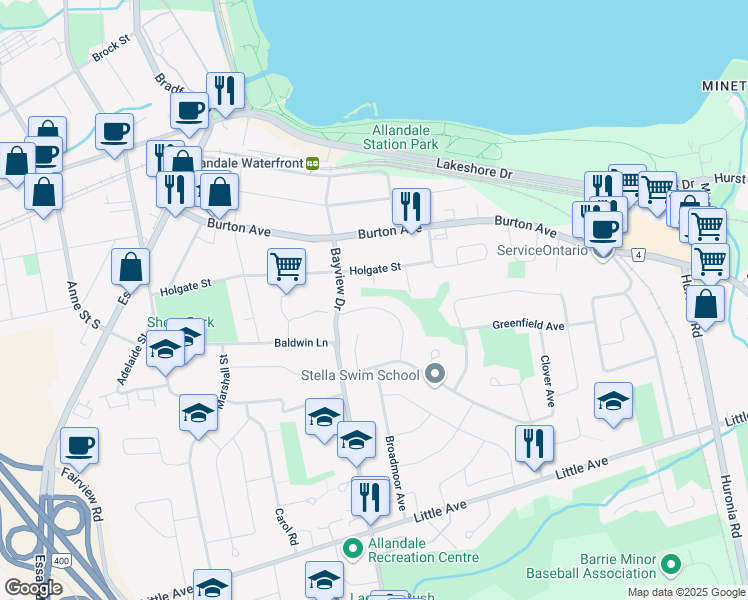 map of restaurants, bars, coffee shops, grocery stores, and more near 21 Tower Crescent in Barrie