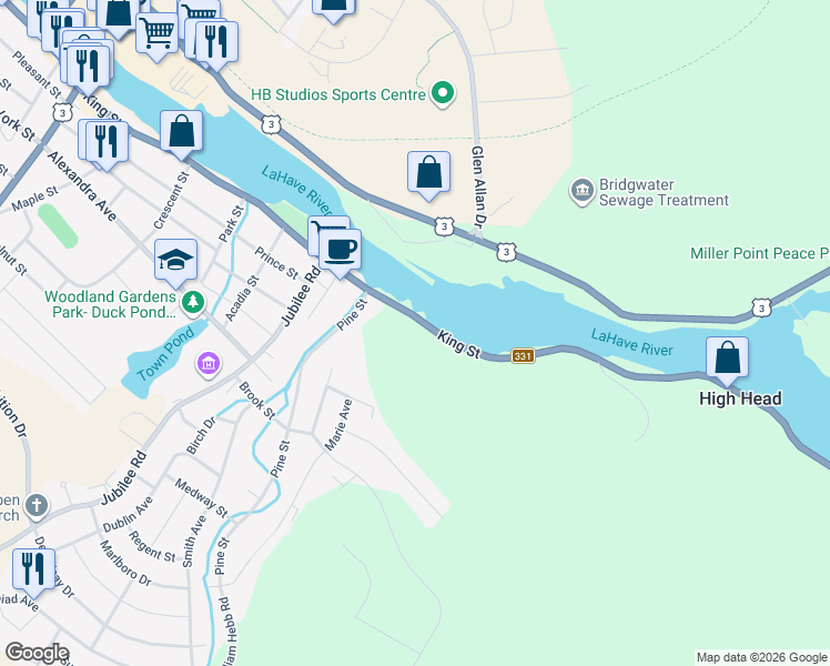 map of restaurants, bars, coffee shops, grocery stores, and more near 57 King Street in Bridgewater