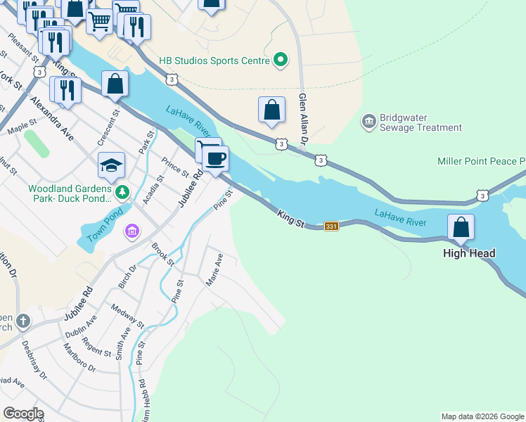 map of restaurants, bars, coffee shops, grocery stores, and more near 57 King Street in Bridgewater