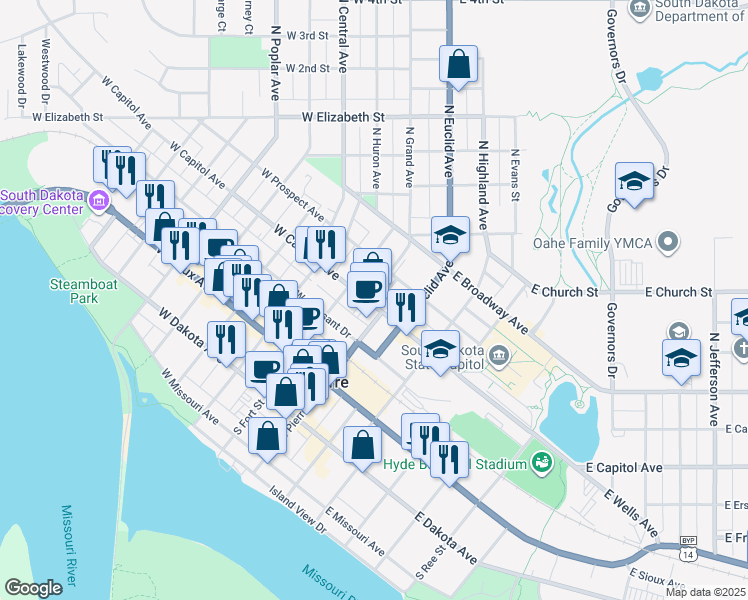 map of restaurants, bars, coffee shops, grocery stores, and more near 100 West Capitol Avenue in Pierre
