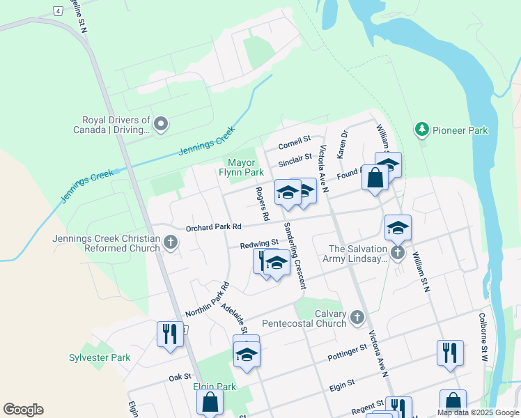 map of restaurants, bars, coffee shops, grocery stores, and more near 4 Rogers Road in Lindsay