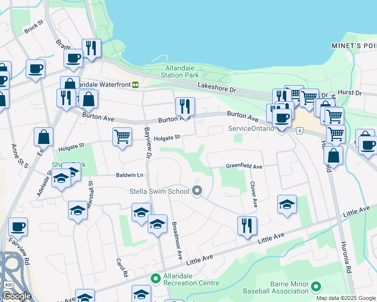 map of restaurants, bars, coffee shops, grocery stores, and more near 37 Kelly Place in Barrie