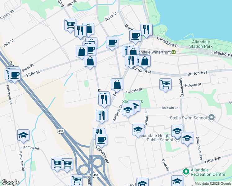map of restaurants, bars, coffee shops, grocery stores, and more near 124 Essa Rd in Barrie