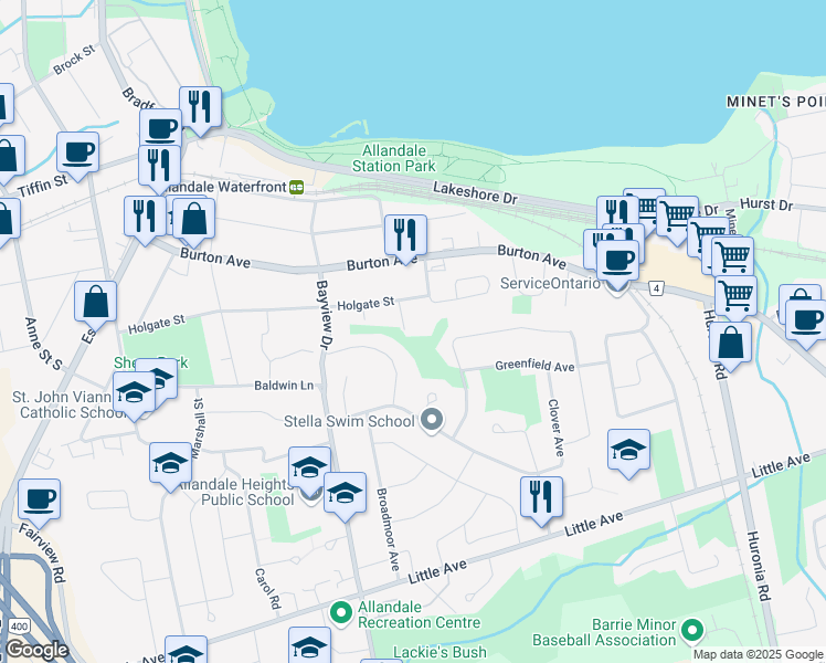 map of restaurants, bars, coffee shops, grocery stores, and more near 33 Kelly Place in Barrie