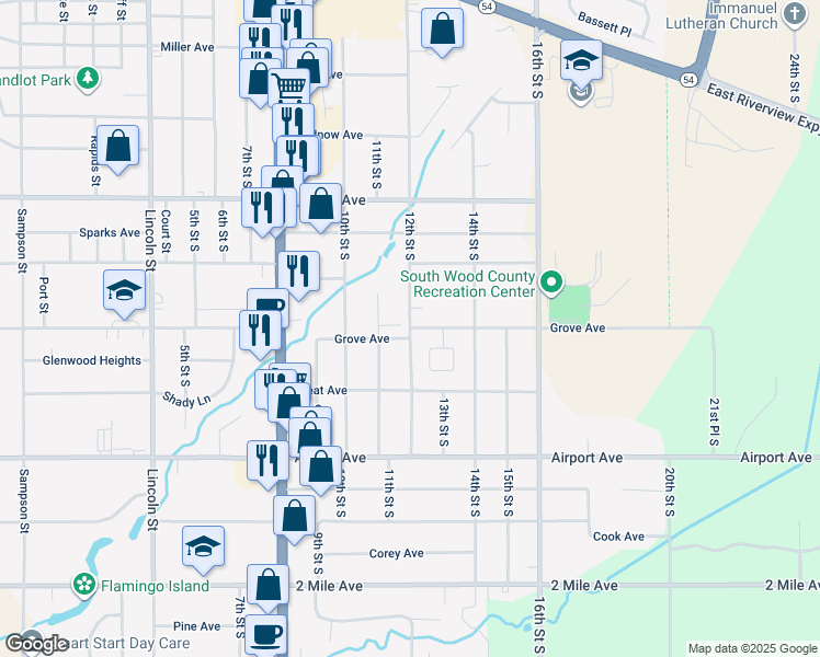 map of restaurants, bars, coffee shops, grocery stores, and more near 1200 Grove Avenue in Wisconsin Rapids