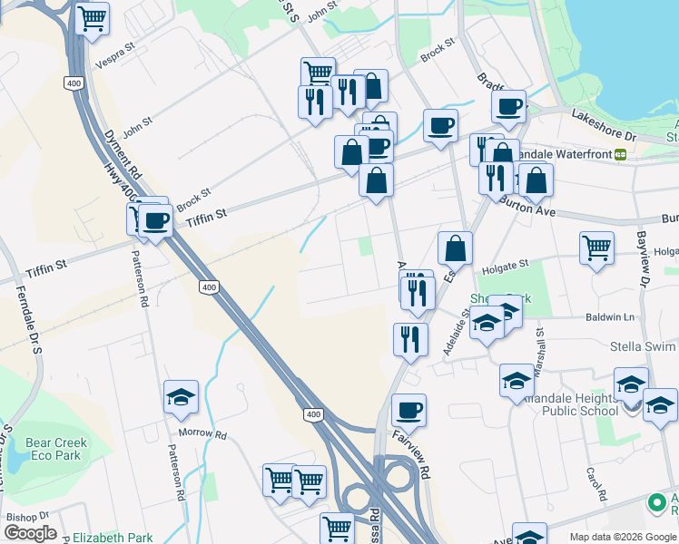 map of restaurants, bars, coffee shops, grocery stores, and more near in Barrie