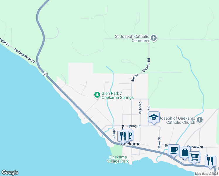map of restaurants, bars, coffee shops, grocery stores, and more near 8633 4th Avenue in Onekama