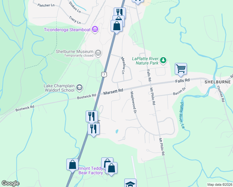 map of restaurants, bars, coffee shops, grocery stores, and more near 79 Marsett Road in Shelburne