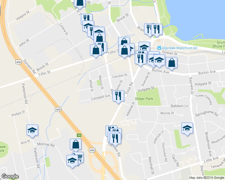 map of restaurants, bars, coffee shops, grocery stores, and more near 187 Anne Street South in Barrie
