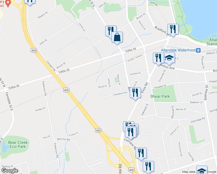 map of restaurants, bars, coffee shops, grocery stores, and more near 19 Alfred Street in Barrie