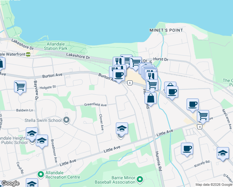map of restaurants, bars, coffee shops, grocery stores, and more near 12 Trillium Crescent in Barrie