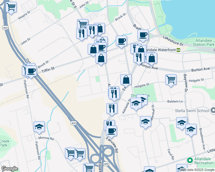map of restaurants, bars, coffee shops, grocery stores, and more near 188 Anne Street South in Barrie