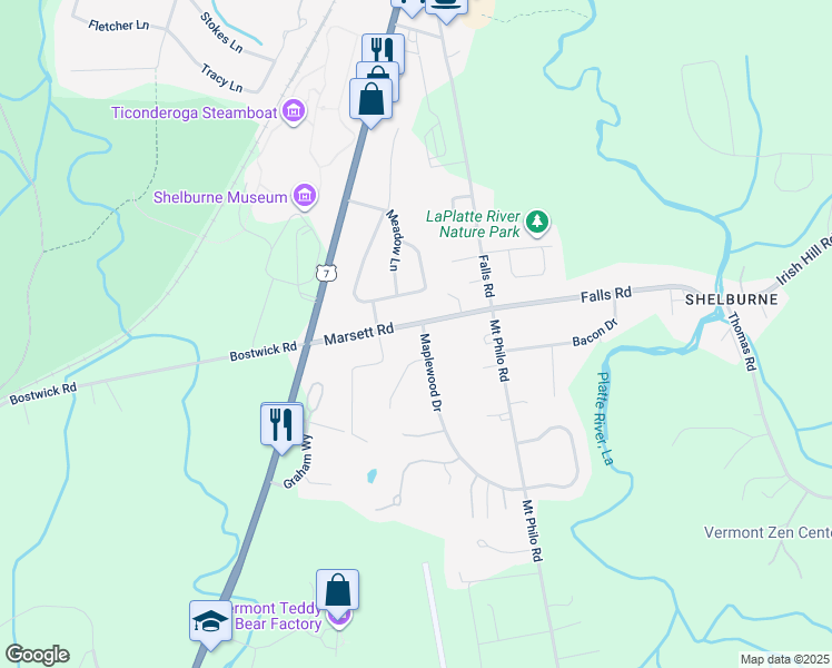 map of restaurants, bars, coffee shops, grocery stores, and more near 242 Marsett Road in Shelburne