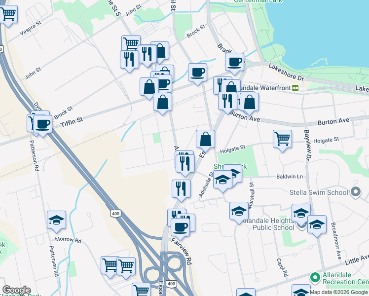 map of restaurants, bars, coffee shops, grocery stores, and more near 31 Centre Street in Barrie