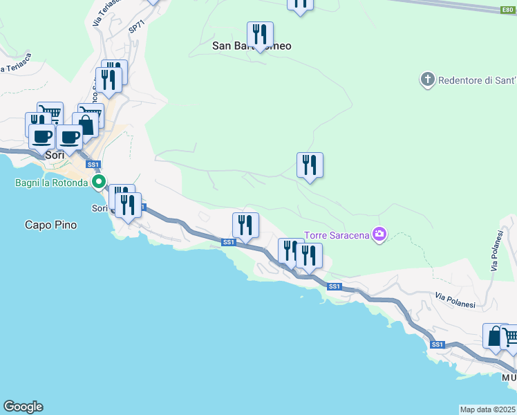 map of restaurants, bars, coffee shops, grocery stores, and more near 6 Crosa Ostin in Sori