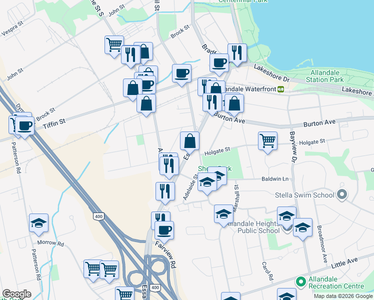 map of restaurants, bars, coffee shops, grocery stores, and more near 124 Essa Road in Barrie