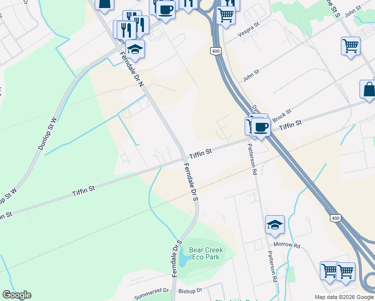 map of restaurants, bars, coffee shops, grocery stores, and more near 5 Ferndale Drive North in Barrie