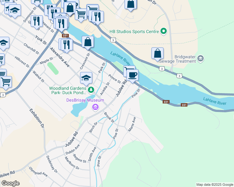 map of restaurants, bars, coffee shops, grocery stores, and more near 54 Jubilee Road in Bridgewater