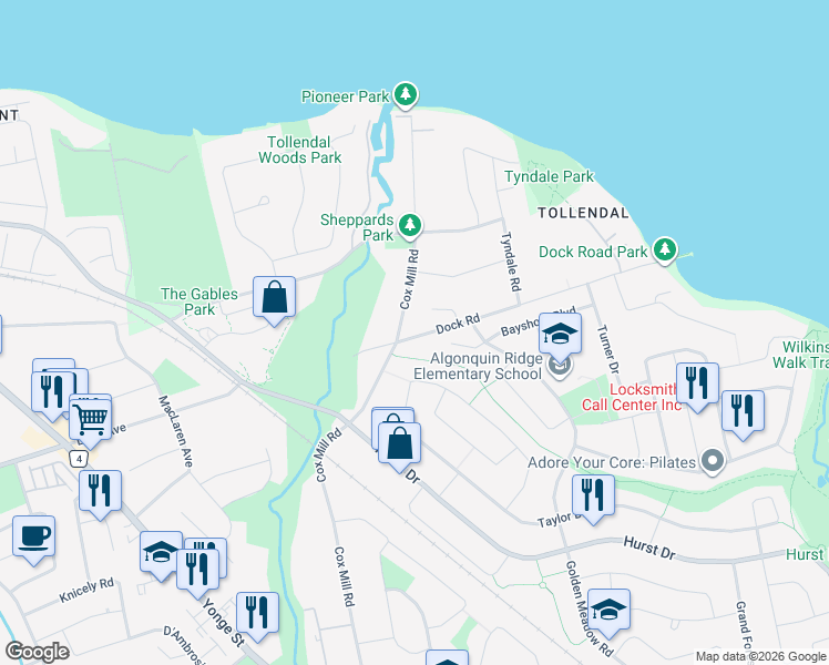 map of restaurants, bars, coffee shops, grocery stores, and more near 340 Cox Mill Road in Barrie