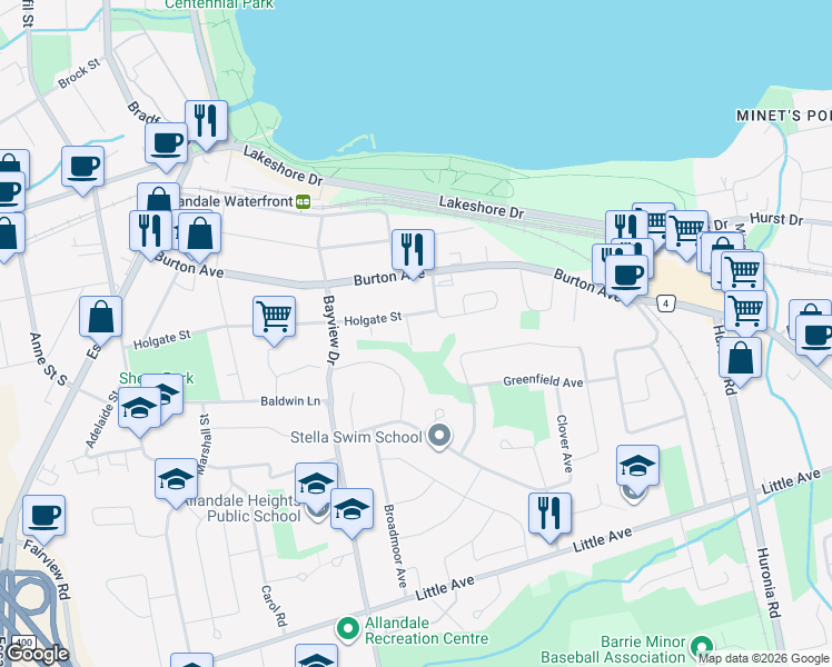 map of restaurants, bars, coffee shops, grocery stores, and more near 17 Kelly Place in Barrie