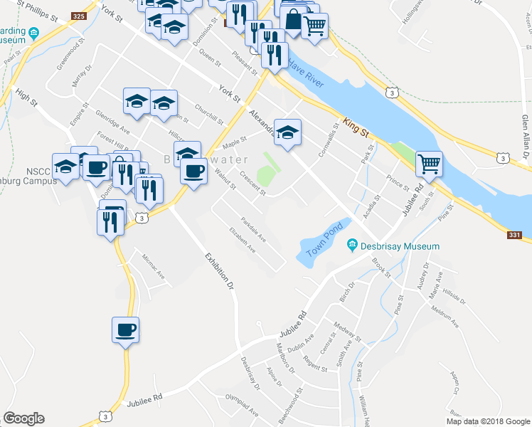 map of restaurants, bars, coffee shops, grocery stores, and more near 99 Walnut Street in Bridgewater