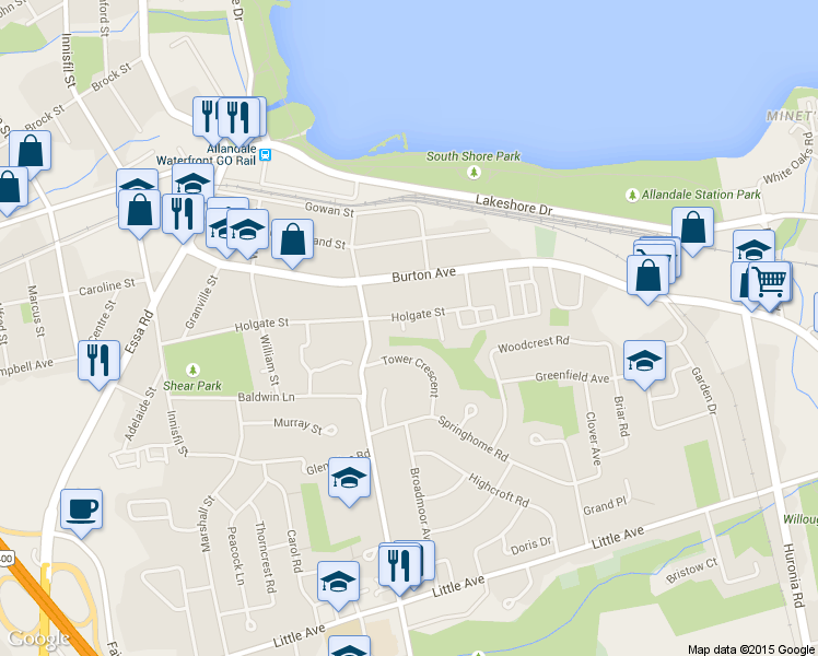 map of restaurants, bars, coffee shops, grocery stores, and more near 13 Bailey Court in Barrie