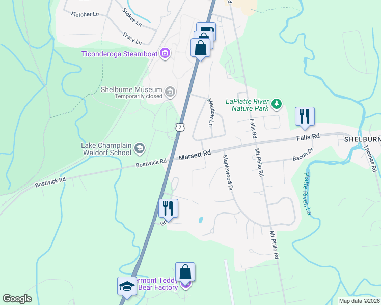 map of restaurants, bars, coffee shops, grocery stores, and more near 79 Marsett Rd in Shelburne