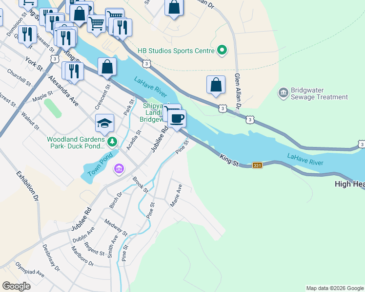 map of restaurants, bars, coffee shops, grocery stores, and more near 20 Pine Street in Bridgewater