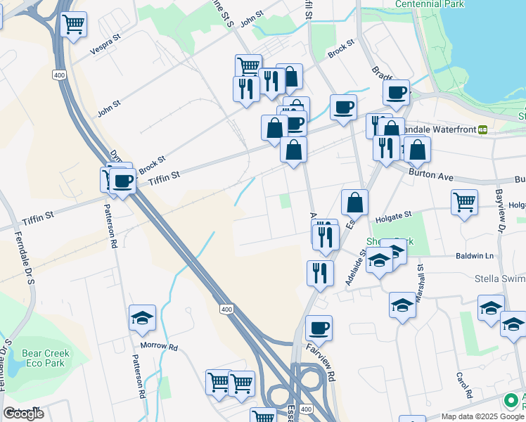 map of restaurants, bars, coffee shops, grocery stores, and more near 23 Alfred Street in Barrie
