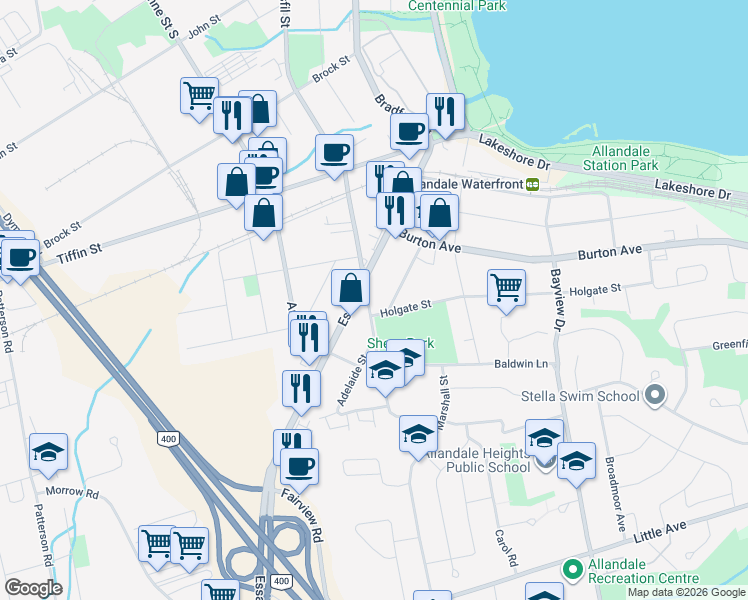 map of restaurants, bars, coffee shops, grocery stores, and more near 325 Innisfil Street in Barrie