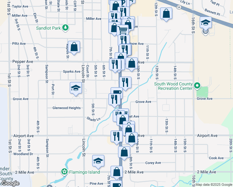 map of restaurants, bars, coffee shops, grocery stores, and more near 2737-2755 8th Street South in Wisconsin Rapids