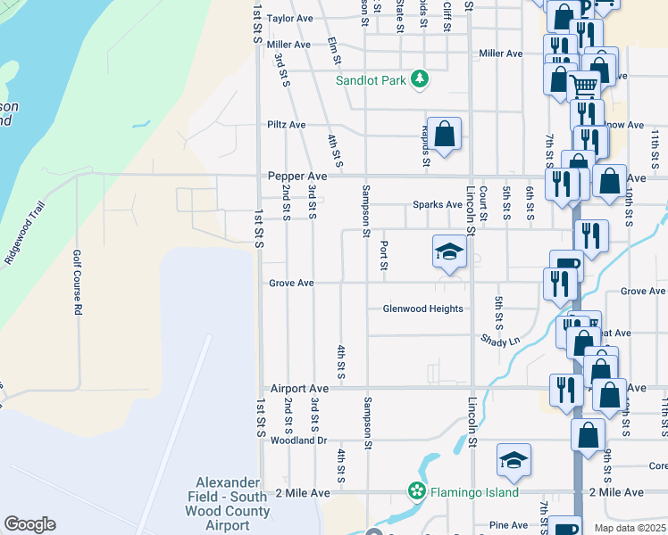 map of restaurants, bars, coffee shops, grocery stores, and more near 2730 4th Street South in Wisconsin Rapids