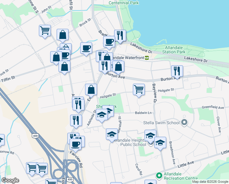 map of restaurants, bars, coffee shops, grocery stores, and more near 20 Holgate Street in Barrie