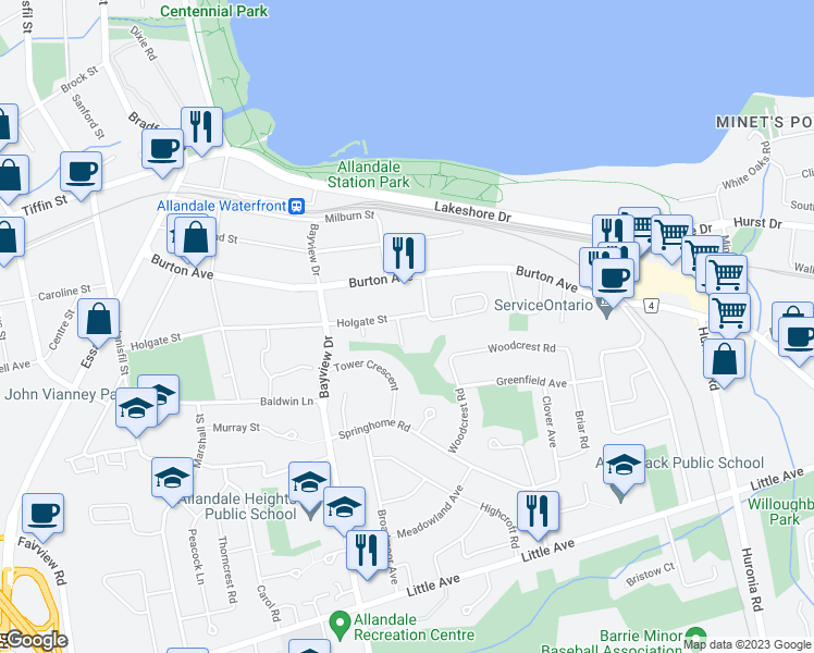 map of restaurants, bars, coffee shops, grocery stores, and more near 7 Kelly Place in Barrie