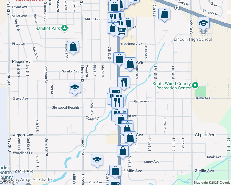 map of restaurants, bars, coffee shops, grocery stores, and more near 2737-2755 8th Street South in Wisconsin Rapids