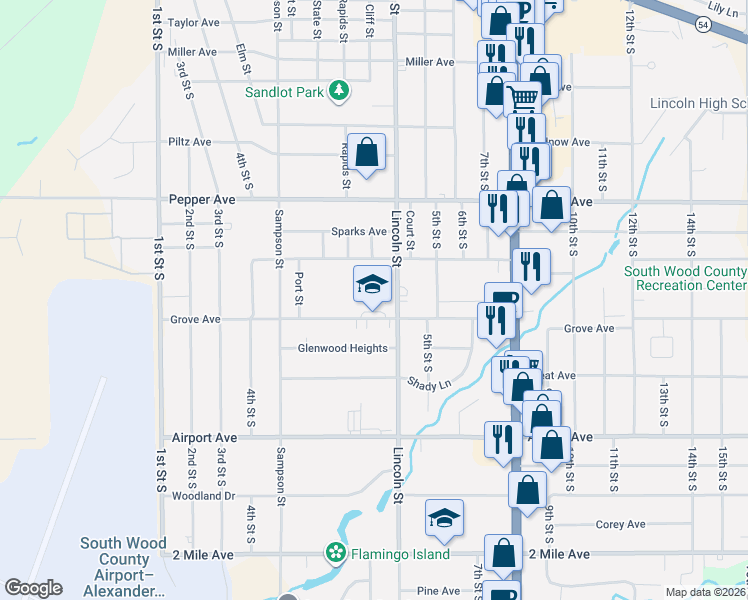 map of restaurants, bars, coffee shops, grocery stores, and more near 471 Grove Avenue in Wisconsin Rapids