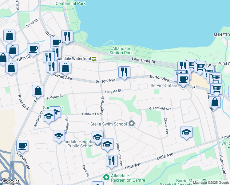 map of restaurants, bars, coffee shops, grocery stores, and more near 91 Holgate Street in Barrie