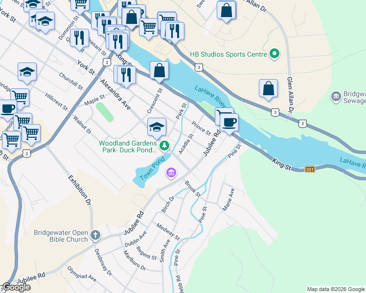 map of restaurants, bars, coffee shops, grocery stores, and more near 21 Albert Street in Bridgewater