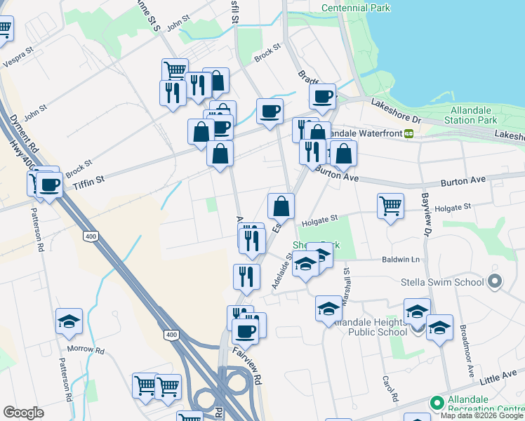 map of restaurants, bars, coffee shops, grocery stores, and more near 20 Centre Street in Barrie