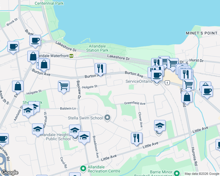 map of restaurants, bars, coffee shops, grocery stores, and more near 123 Frank's Way in Barrie