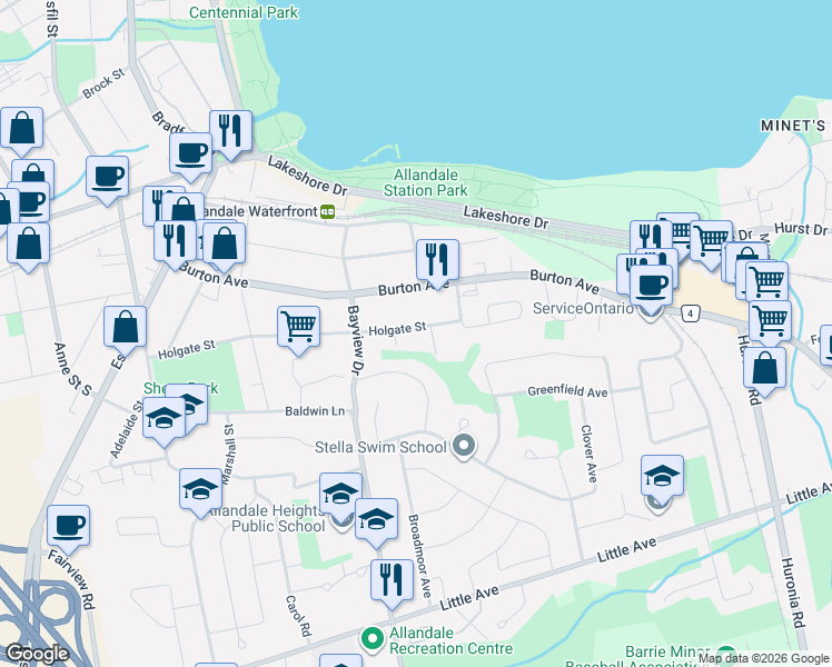 map of restaurants, bars, coffee shops, grocery stores, and more near 103 Holgate Street in Barrie