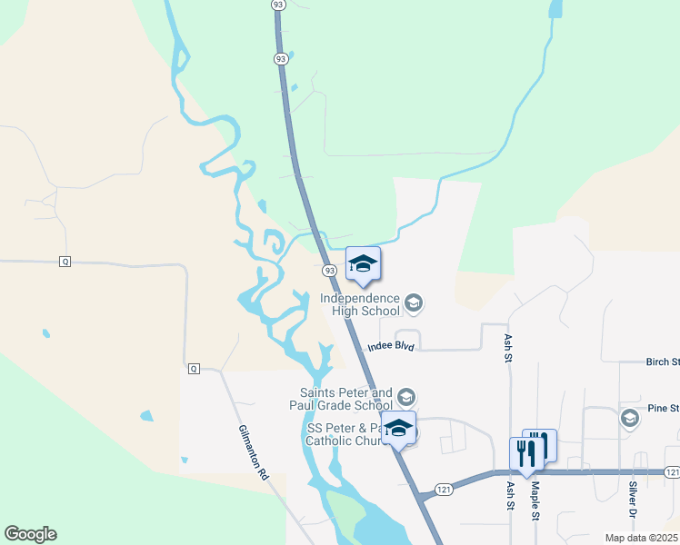 map of restaurants, bars, coffee shops, grocery stores, and more near N36474 State Road 93 121 in Independence