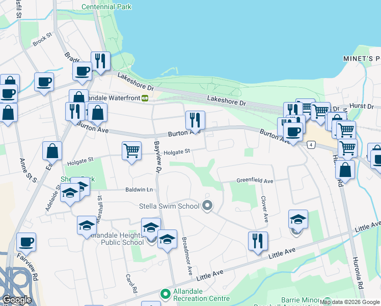 map of restaurants, bars, coffee shops, grocery stores, and more near 17 Kelly Place in Barrie