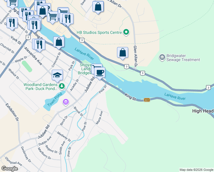 map of restaurants, bars, coffee shops, grocery stores, and more near 103 King Street in Bridgewater