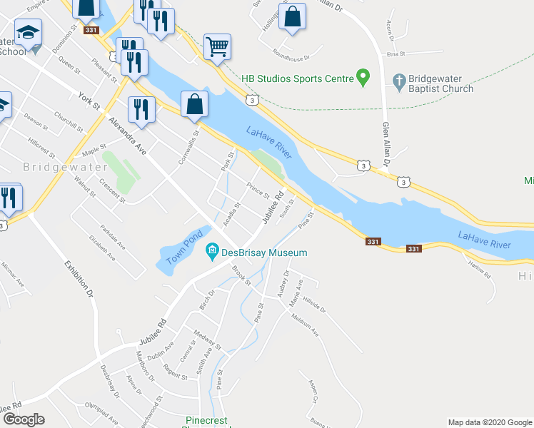 map of restaurants, bars, coffee shops, grocery stores, and more near 42 Jubilee Road in Bridgewater
