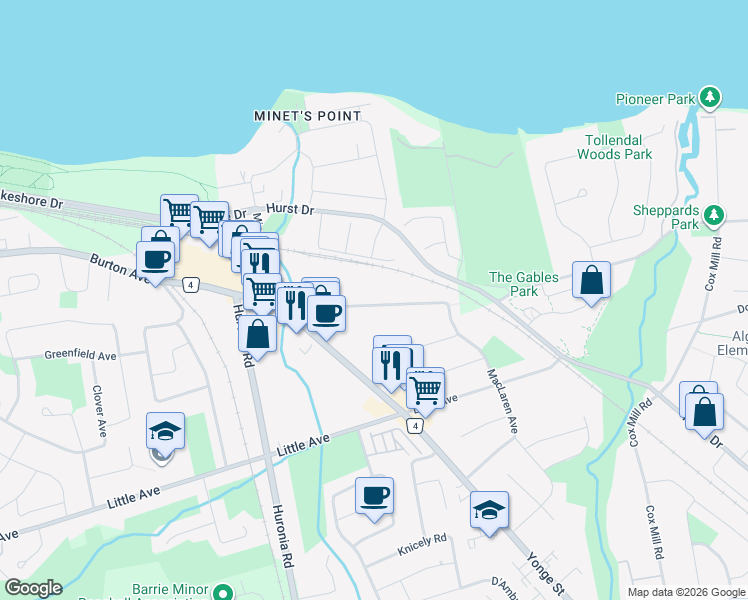 map of restaurants, bars, coffee shops, grocery stores, and more near 224 Foster Drive in Barrie