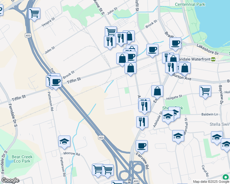 map of restaurants, bars, coffee shops, grocery stores, and more near 29 Alfred Street in Barrie